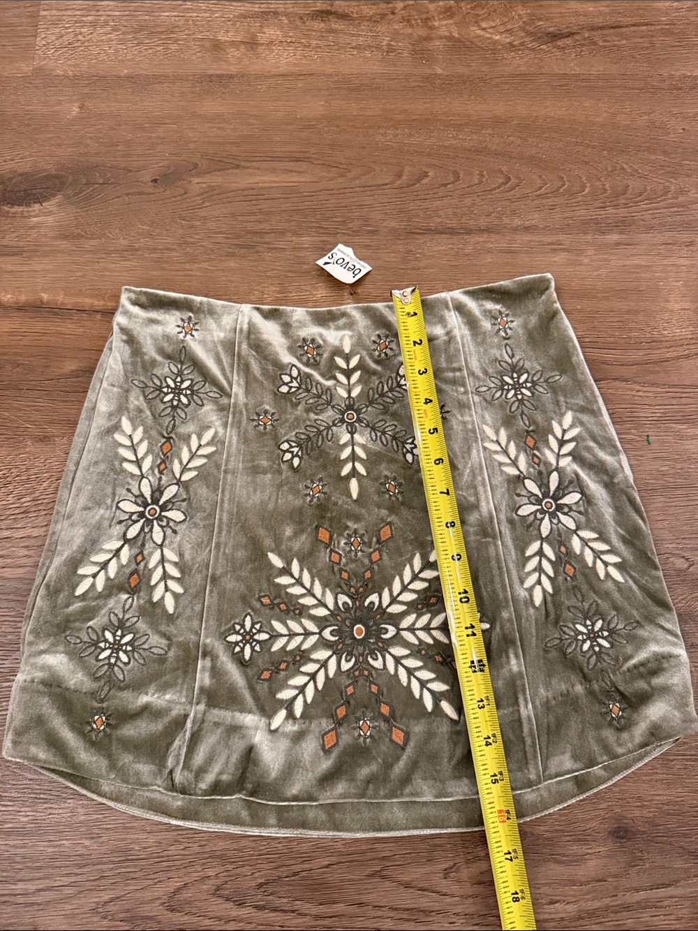 By Together Olive Green Velvet Embroidered Mini Skirt